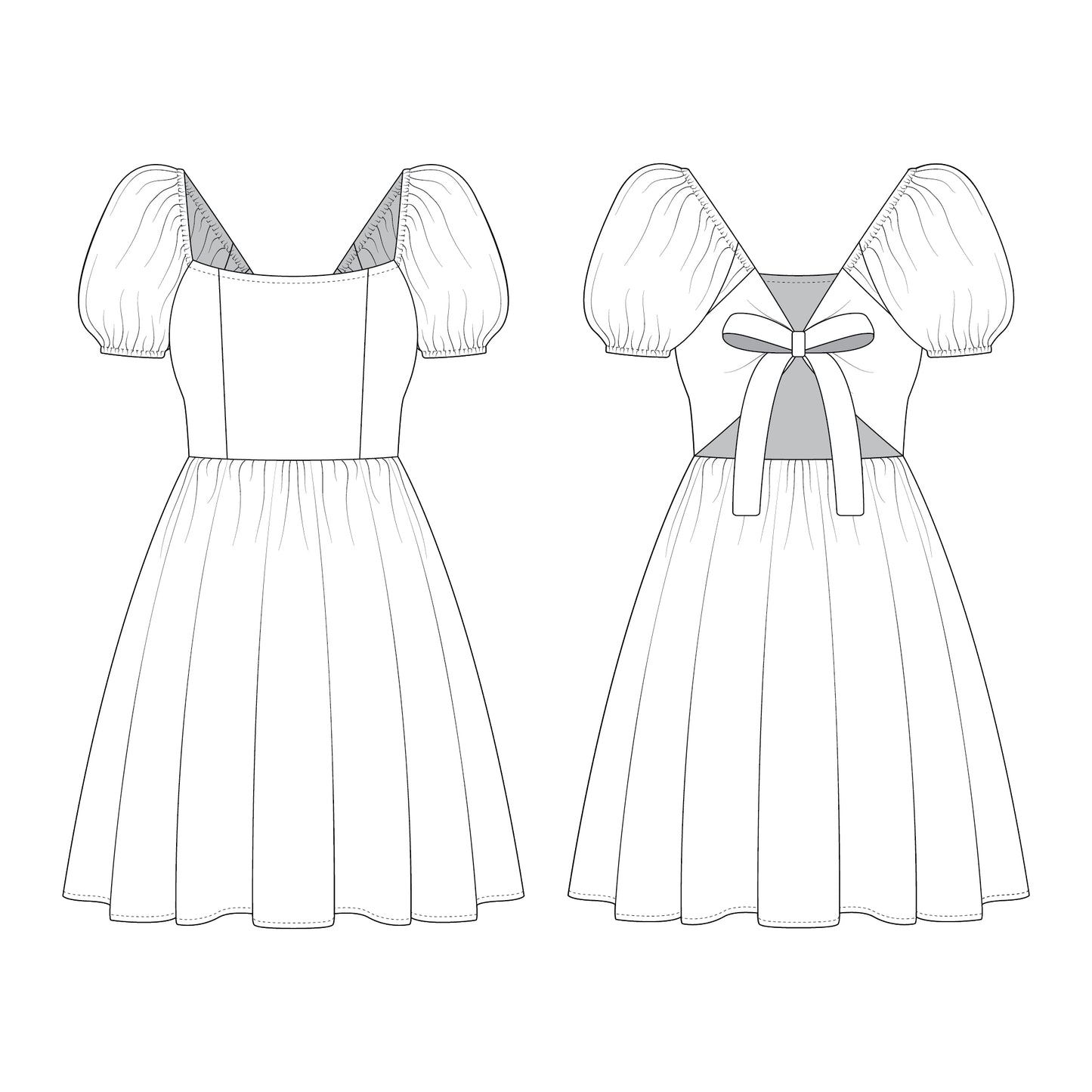 Romspattern™ BowBlush Dress – Puff Sleeve Open-Back Dress Sewing Pattern (PDF)