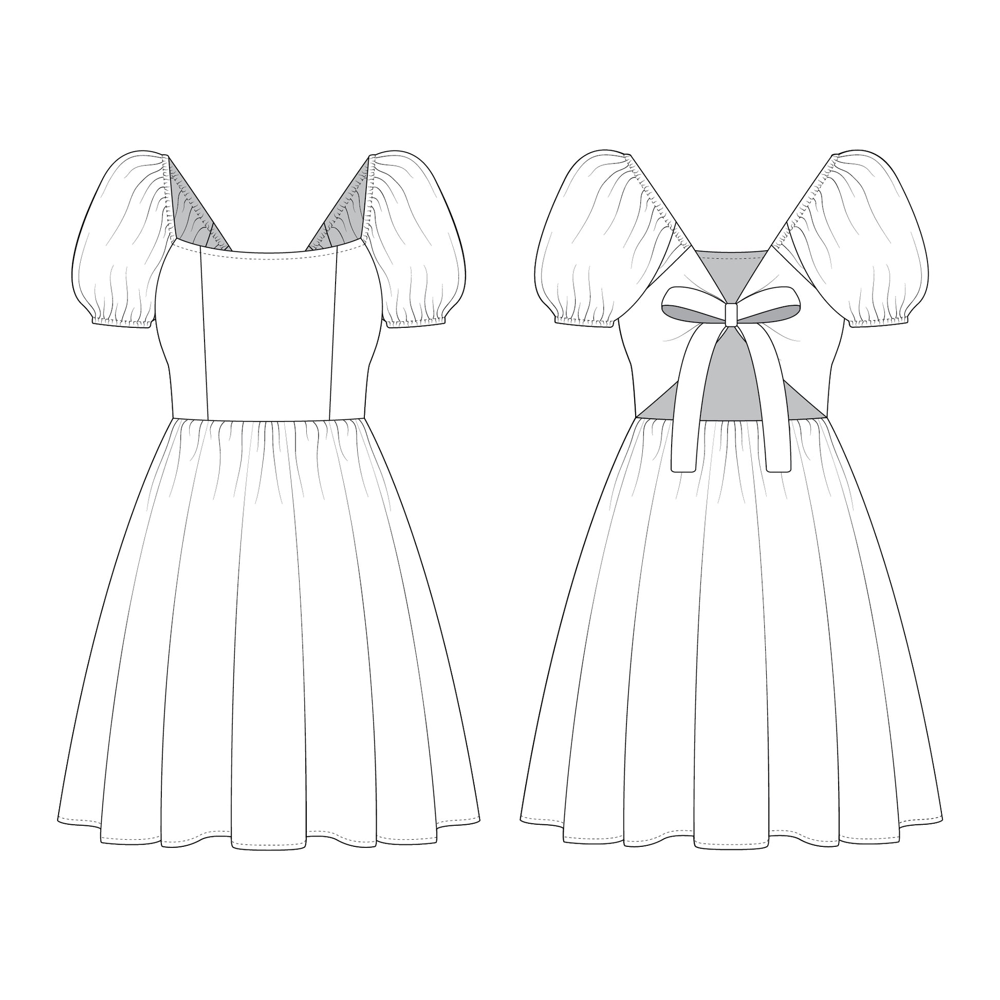 Romspattern™ BowBlush Dress – Puff Sleeve Open-Back Dress Sewing Pattern (PDF)